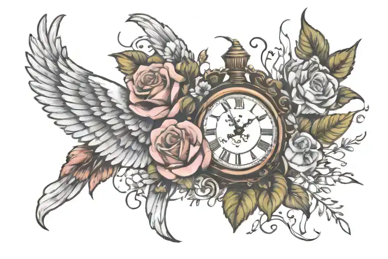Winged Clockc With Nature And Roses And Flowers For My Chest To The My Front