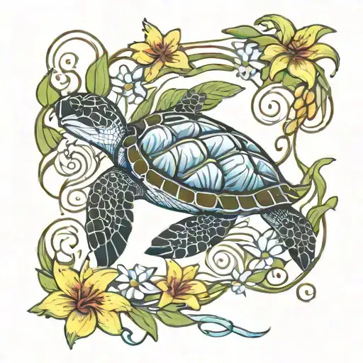 A Majestic Sea Turtle Swimming Through A Sea Of Day Lilies With Music Symbols Floating Around