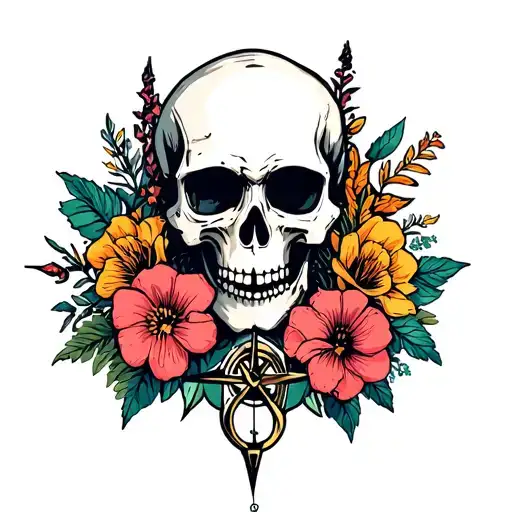 Skull And Compass And Flowers