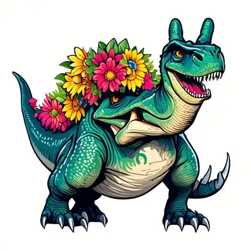 Dinosaur Wearing Flower Crown Giving Peace Sign With Claws