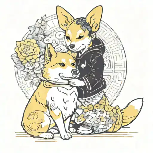 A Yellow-and-white Corgi With An Infant Human Chinese Girl