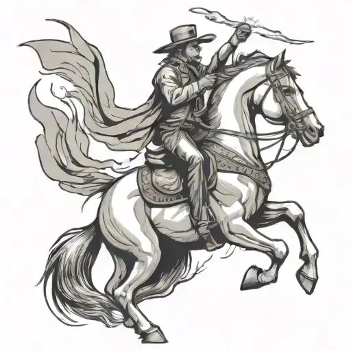 Side View Of Rearing Horse With A Western Rider Holding A Torch