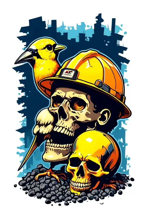Canary In Coal Mine Next To Skull Wearing A Miner's Hardhat