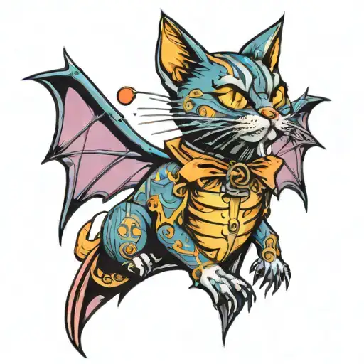 Halloween Cat With Colorful Bat Wings Chest Piece