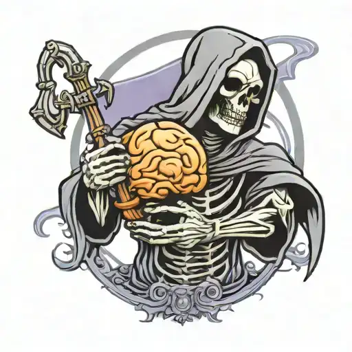 Cartoony Grim Reaper Holding A Brain