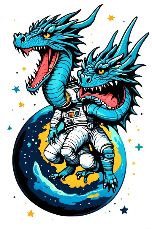 Dragons And Astronaut Floating In Space