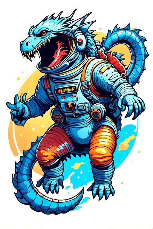 Dragons And Astronaut Floating In Space