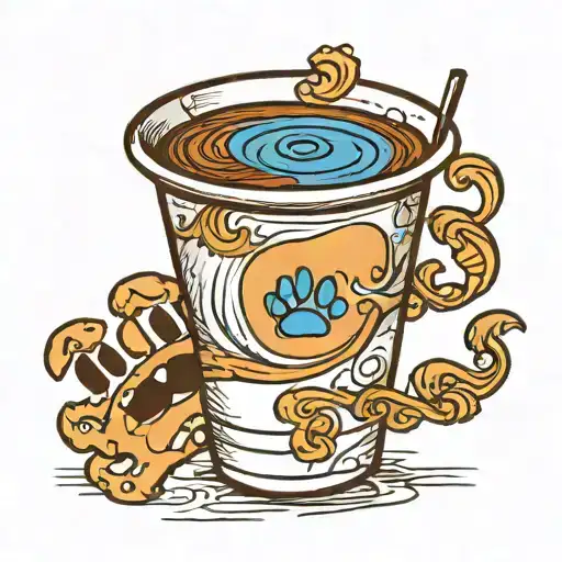 A Paper Cup With Blue Coffee With A Dog's Paw Print