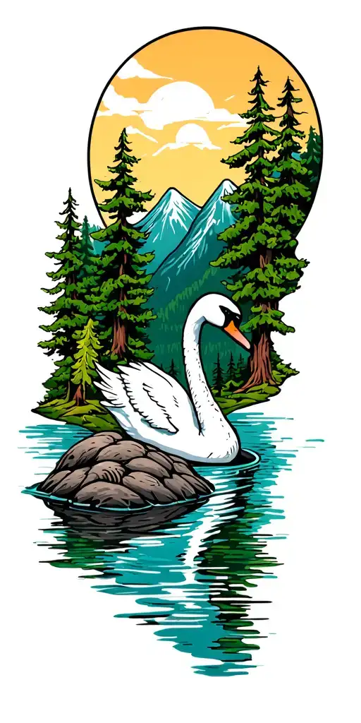 Swan And A River In The Mountains Filled With Trees