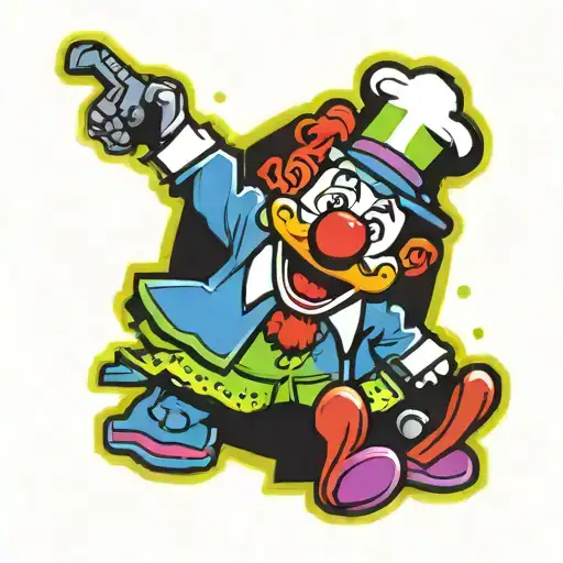 Old Video Game 8-Bit Style Male Clown With A Neon Rainbow Sign Border