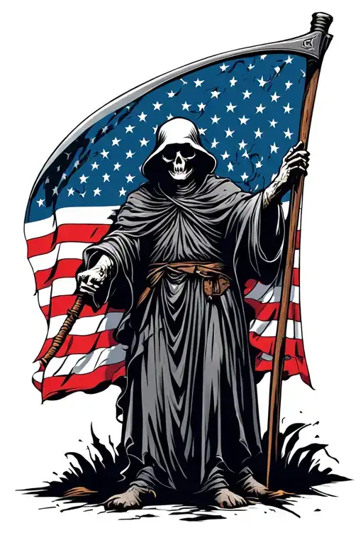 Grim Reaper Holding Scythe American Flag