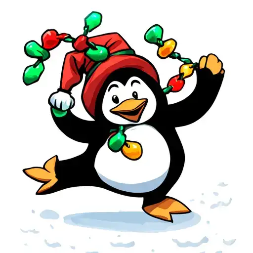 Cartoon Penguin Dancing With Christmas Lights