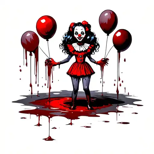 Pin Up Goth Clown Girl With Severed Head And Balloons In Her Hands Standing On A Puddle Of Blood