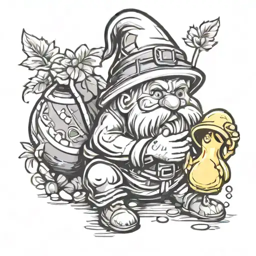 An Garden Gnome Playing With A Rubber Duck