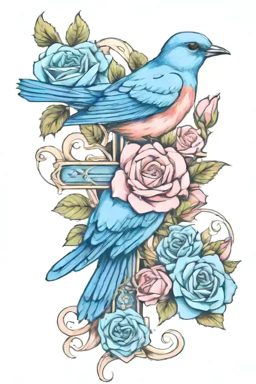 Bluebird With Pink Roses Intertwined With A Cross