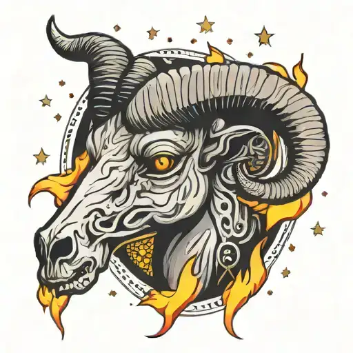 Aries Symbol With Ram Skull Surrounded By Stars Of The Constellation And Flames