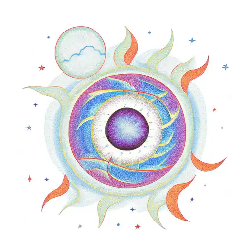 Sun With A Cresent Moon Cradling The Sun And The North Star Just Above The Sun