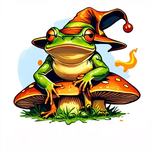 Wizard Frog Sitting On Mushroom Colorful