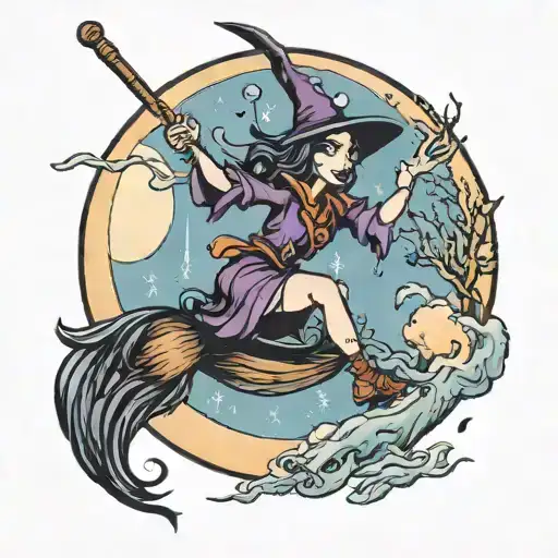 A Whimsical Scene Of Gracie As A Scorpio Witch Riding A Broomstick Under A Full Moon