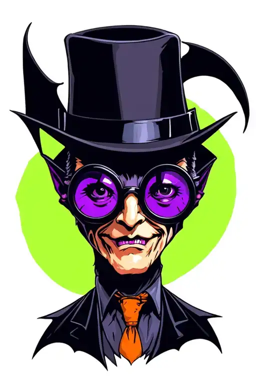 Black Bat With Black Bowler Hat And Purple Round Specs