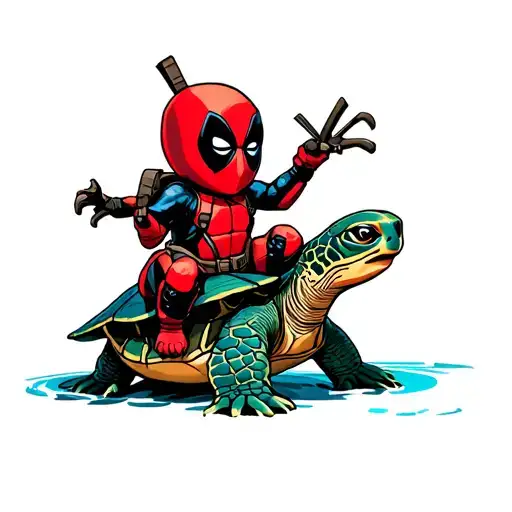 Baby Deadpool Riding On Sea Turtle