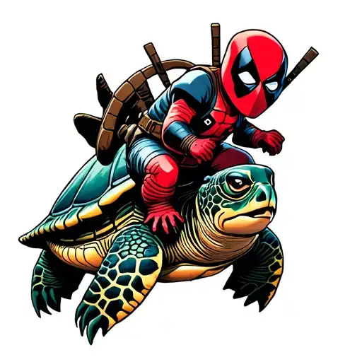 Baby Deadpool Riding On Sea Turtle