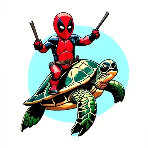 Baby Deadpool Ride A Sea Turtle