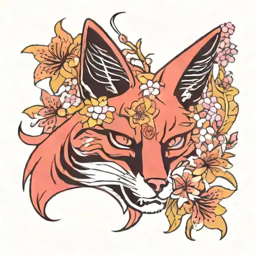 Side Profile Kitsune Mask Cherry Blossoms Red Spider Lily And A Japanese Kanji Of The Fox