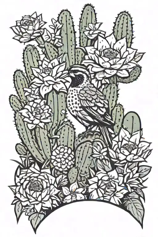 Dessert Cactus Landscape With Quail Na Flowers