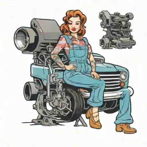 A Pinup Girl In Overalls Leaning Against A Muscle Car Engine