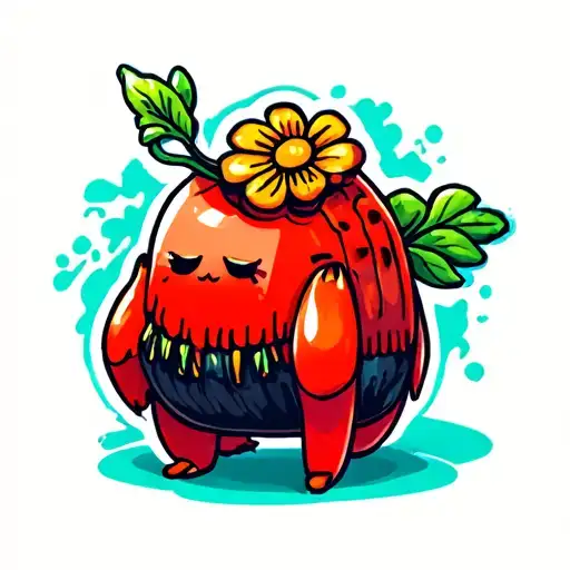 Cute Small Red Carb With A Flower On Its Head Tattoo Holding
