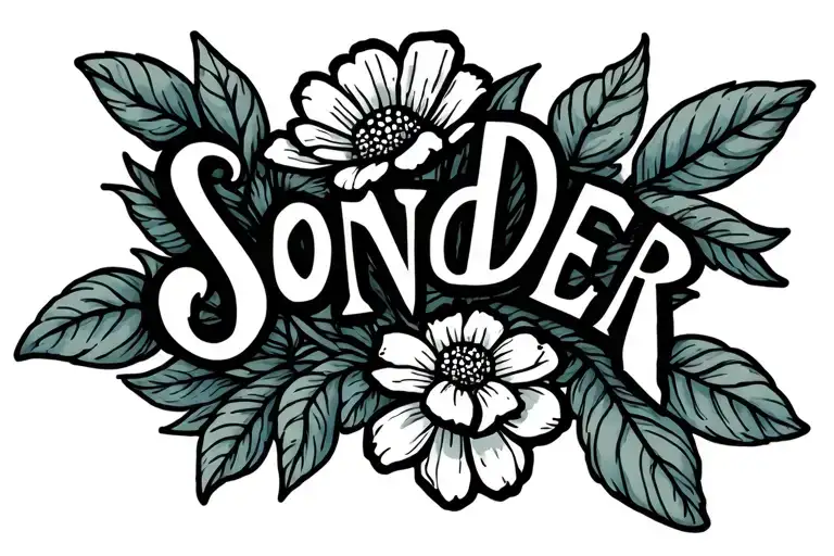Fine Line Tattoo With Small Flower And The Word Sonder