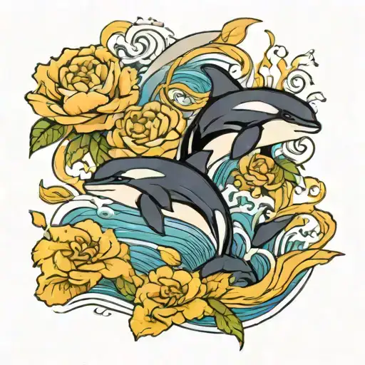 Killer Whales In Waves And Peonies