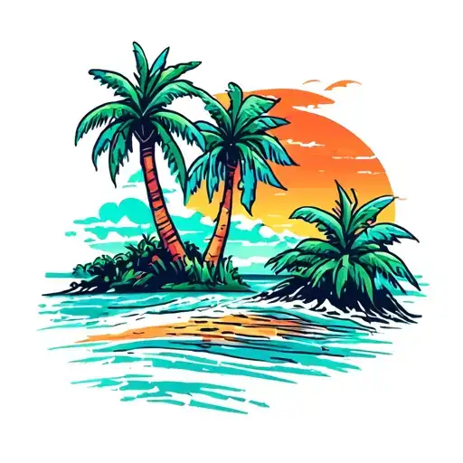 Coastline Teal And Orange Ocean Sun Palm Trees Colors Sunset