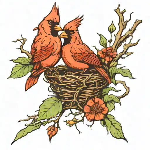 Male & Female Cardinals In A Nest With Branches & Flowers