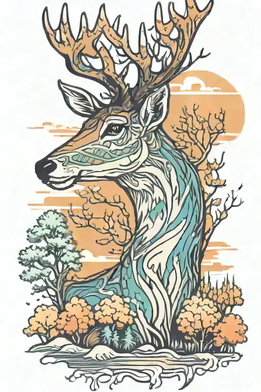 Deer Head With Trees Colors Sunset