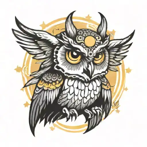 Owl Head With Big Wings And Sun Moon Background Black