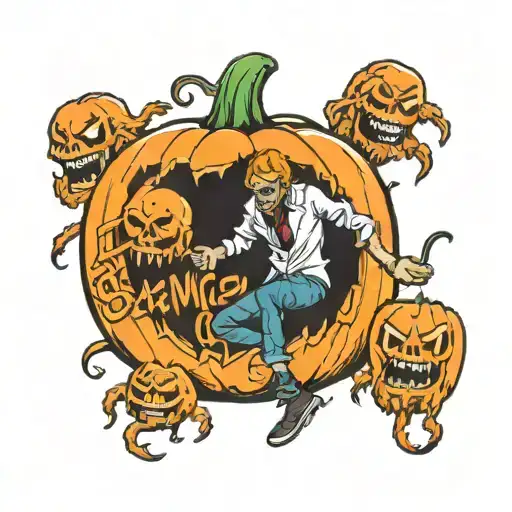 Pumpkin Head Rotting Ghoul Surrounded By Demons With Writing That Says End My Suffering