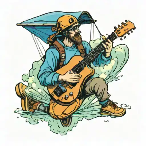 A Musician Playing Guitar And Harmonica On A Paraglider High Above The Ocean
