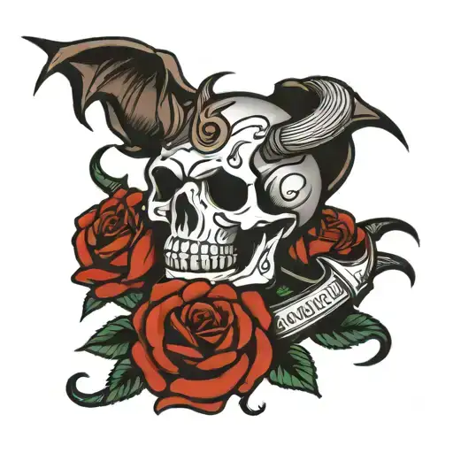 A Demon Skull With Roses And An Anchor Outline