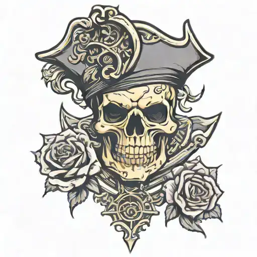 Outline Of A Pirate Demon Skull With Roses And An Anchor