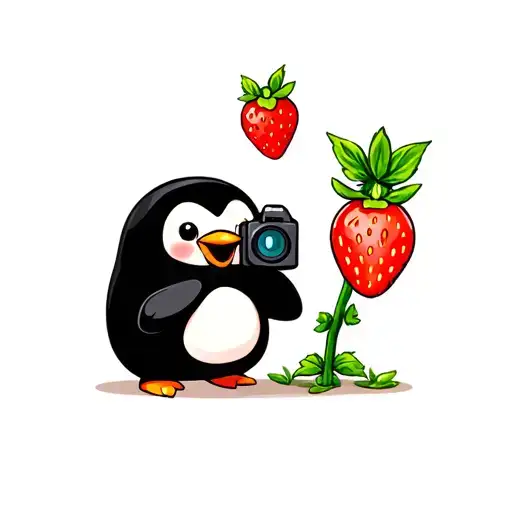 A Cute Penguin Taking Pictures Of A Strawberry Plant