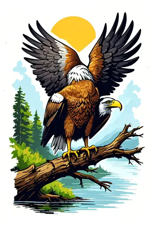 Eagle Sitting On Branch Of Tree With River Behind