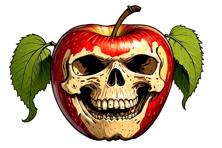 Rotten Apple With A Couple Bites Taken Out Of It And The Core Is A Skull