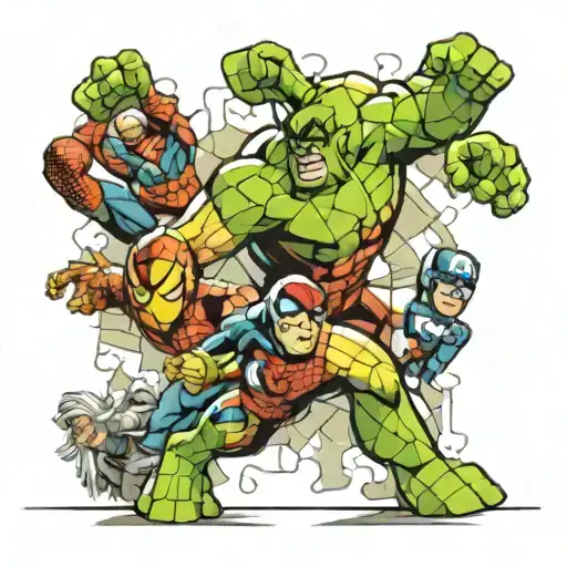 A Puzzle-inspired Tattoo Featuring Marvel Superheroes In A Dynamic Composition