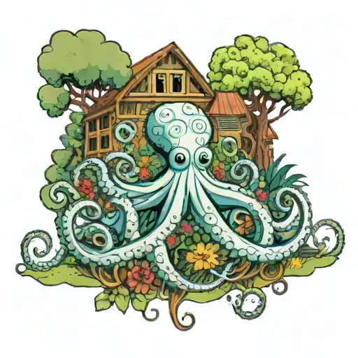 Trippy Octopus In Garden Scene