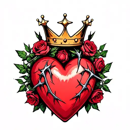 Heart Surrounded By Thorns And Roses With A Crown Adorned