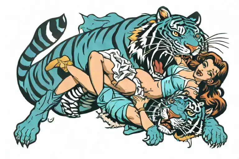 Pin Up Girl Holding Another Pinup Girl While Falling Into A Tigers Mouth