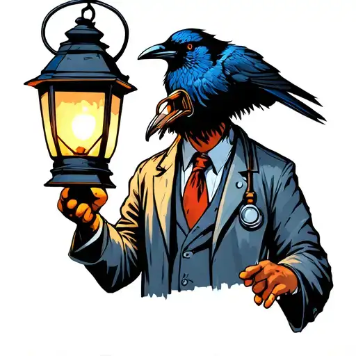 Plauge Doctor Holding Lantern With Crow Inside Coming