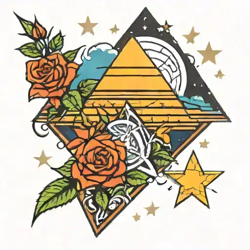 Colorful Roses And Stars With The Pyramid And A Full Moon